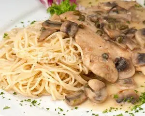 A plate with chicken breasts, mushrooms and spaghetti.
