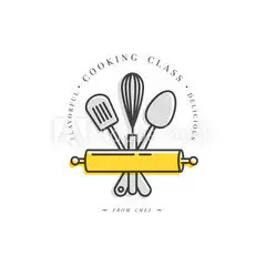 Cooking class logo with utensils and rolling pin.