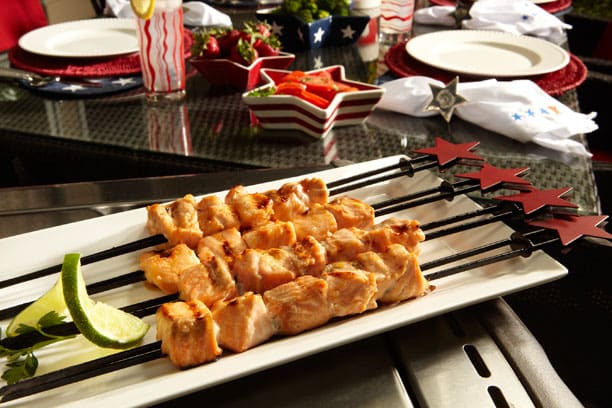 A plate of chicken skewers on a table.