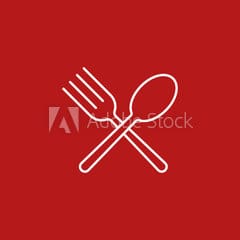 A fork and spoon icon on a red background.